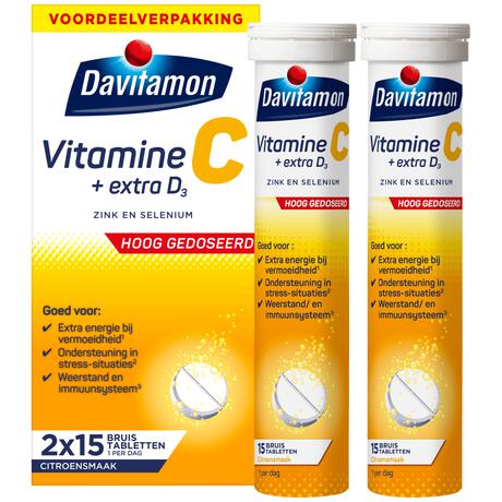 Davitamon Vitamine C Hoog Gedoseerd + Extra Vitamine D3 Bruistabletten Voordeelverpakking 30 stuks