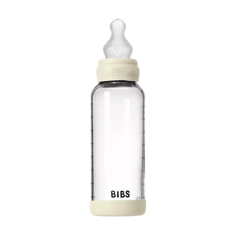 BIBS Babyfles Glas Medium Flow Silicone Ivory incl. opvouwbaar trechtertje 240 ML