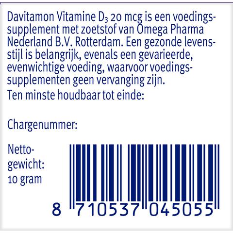 Davitamon Vitamine D3 20 MCG Smelttabletten 60+15 stuks