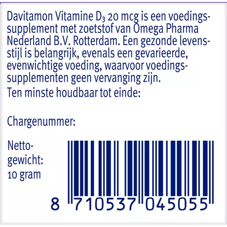 Davitamon Vitamine D3 20 MCG Smelttabletten 60+15 stuks