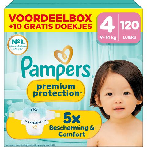 Pampers Premium Protection Voordeelbox Luiers Maat 4 9-14 kg 120 stuks + 10 gratis billendoekjes