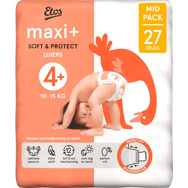 Etos Luiers Maxi+ Maat 4+ 10-15 kg Mid Pack 27 stuks