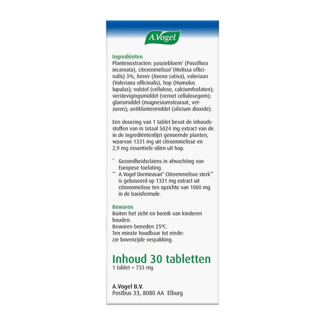 A.Vogel Dormeasan Nachtrust1,2* Sterk** Citroenmelisse Tabletten 30 stuks