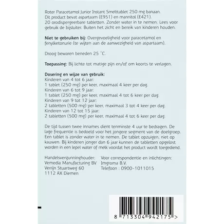 Roter Paracetamol 250 MG Junior Smelttabletten 20 stuks