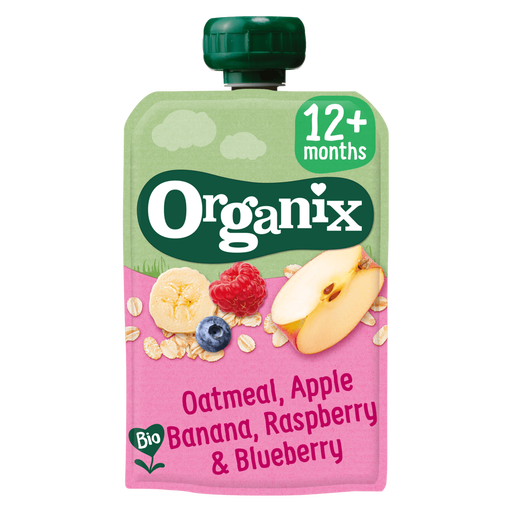 Organix Bio Knijpfruit Haver Appel Banaan Framboos Bosbes 12+ Maanden 100 gram