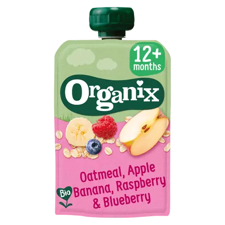 Organix Bio Knijpfruit Haver Appel Banaan Framboos Bosbes 12+ Maanden 100 gram