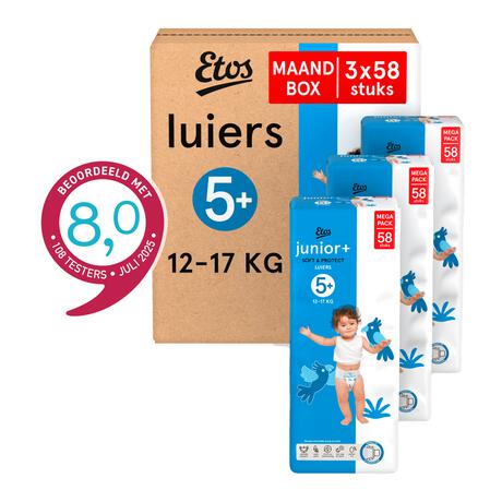 Etos Luiers Junior+ Maat 5+ 12-17 kg Maandbox 174 stuks