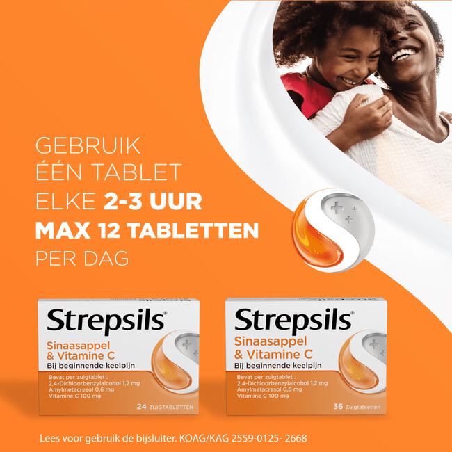 Strepsils Sinaasappel & Vitamine C Zuigtabletten 24 Stuks