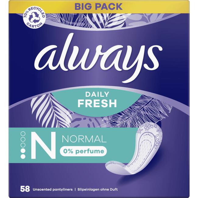 Always Daily Fresh Inlegkruisjes 0% Parfum Normal 58 Stuks