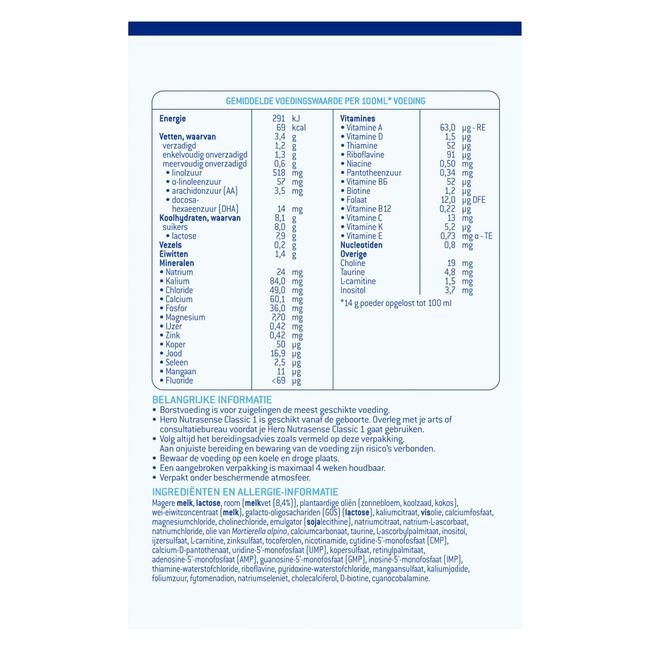 Hero Nutrasense Classic Zuigelingenvoeding 1 (0-6m) met melkvet 700 GR