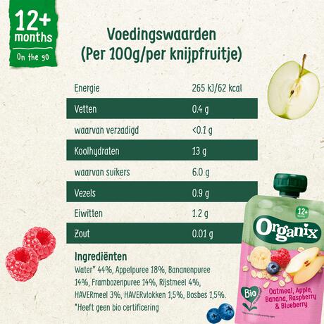 Organix Bio Knijpfruit Havermout, Appel, Banaan, Framboos, Bosbes
