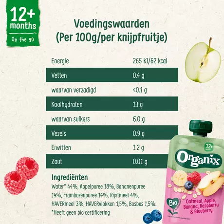 Organix Bio Knijpfruit Haver Appel Banaan Framboos Bosbes 12+ Maanden 100 gram
