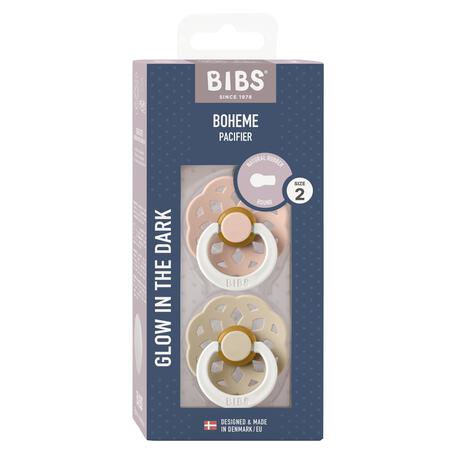 BIBS Boheme Glow In The Dark Fopspeen Rond Latex Maat 2 Blush/Vanilla 2 stuks