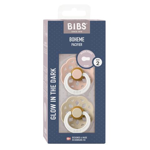 BIBS Boheme Glow In The Dark Fopspeen Rond Latex Maat 2 Blush/Vanilla 2 stuks