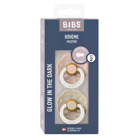 BIBS Boheme Glow In The Dark Fopspeen Rond Latex Maat 2 Blush/Vanilla 2 stuks