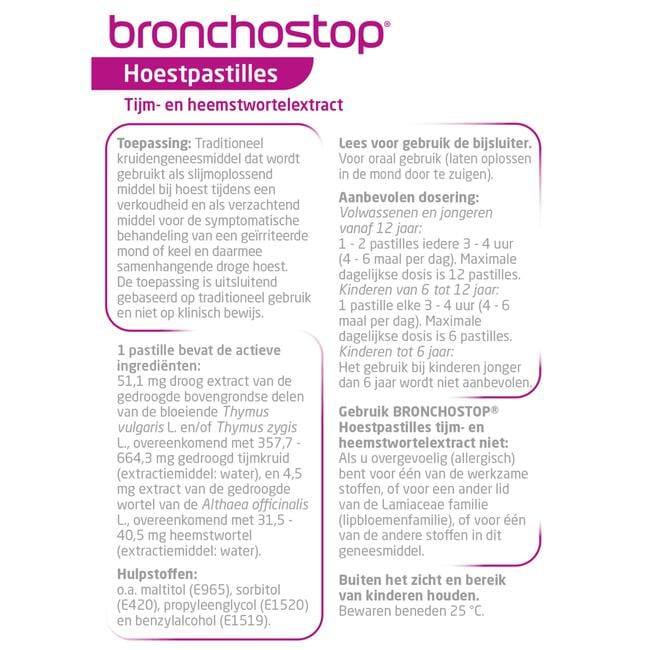 Bronchostop Hoestpastilles bij Vastzittende Hoest of Keelpijn 20 Stuks