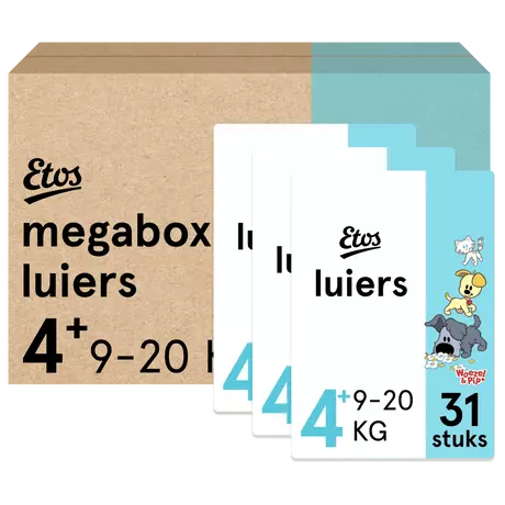 Etos Woezel & Pip Luiers Maxi+ Maat 4+ 9-20 kg Megabox 93 stuks