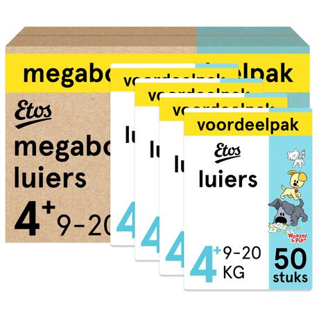 Etos Woezel & Pip Luiers Maxi+ Maat 4+ 9-20 kg Megabox 4x50 stuks