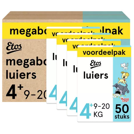 Etos Woezel & Pip Luiers Maxi+ Maat 4+ 9-20 kg Megabox 4x50 stuks