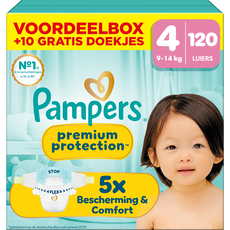 Pampers Premium Protection Voordeelbox Luiers Maat 4 9-14 KG 120 stuks + 10 Pack Billendoekjes