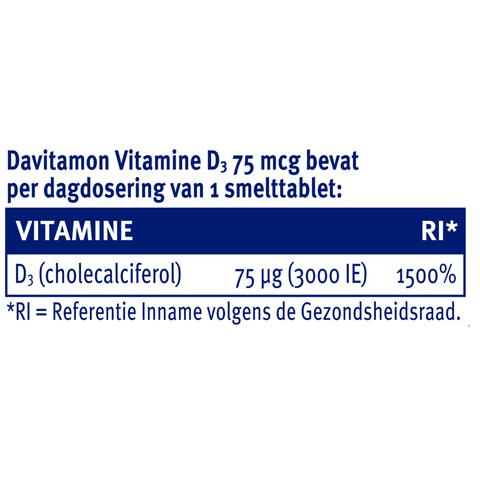 Davitamon Vitamine D3 75 mcg Smelttabletten 60+15 stuks