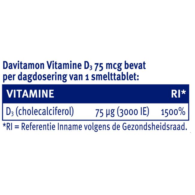 Davitamon Vitamine D3 75 mcg Smelttabletten 60+15 stuks