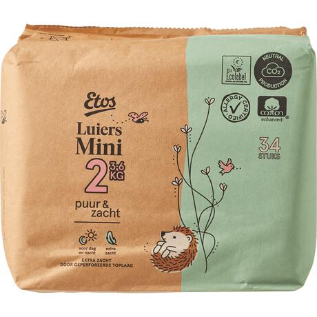 Etos Puur & Zacht Luiers Mini Maat 2 3-6 kg 34 stuks