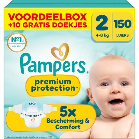 Pampers Premium Protection Voordeelbox Luiers Maat 2 4-8 kg 150 stuks + 10 Gratis Billendoekjes