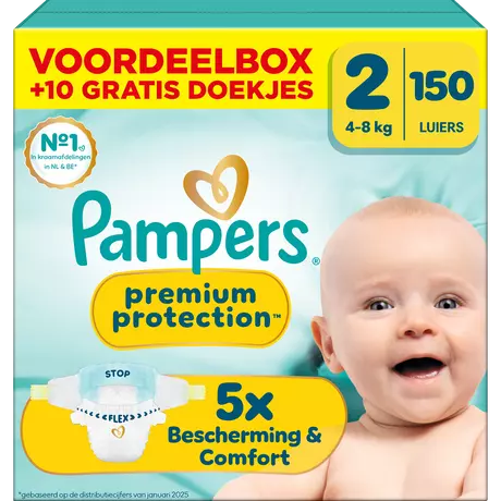 Pampers Premium Protection Voordeelbox Luiers Maat 2 4-8 kg 150 stuks + 10 Gratis Billendoekjes