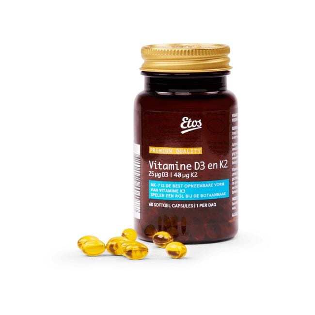 Etos Premium Vitamine D3 en K2 bevat 25ug D3 en 40ug K2 60 stuks