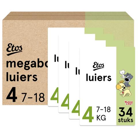Etos Woezel & Pip Luiers Maxi Maat 4 7-18 kg Megabox 4x34 stuks
