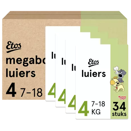 Etos Woezel & Pip Luiers Maxi Maat 4 7-18 kg Megabox 136 stuks