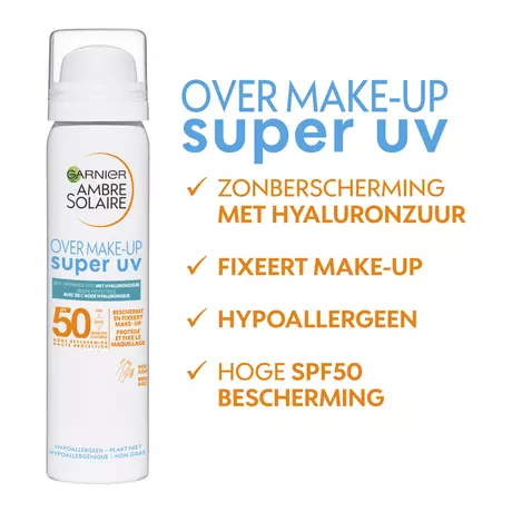Garnier Ambre Solaire Over Make-up Super UV Mist SPF50 met Glycerine, Vitamine E en Hyaluronzuur 75ml