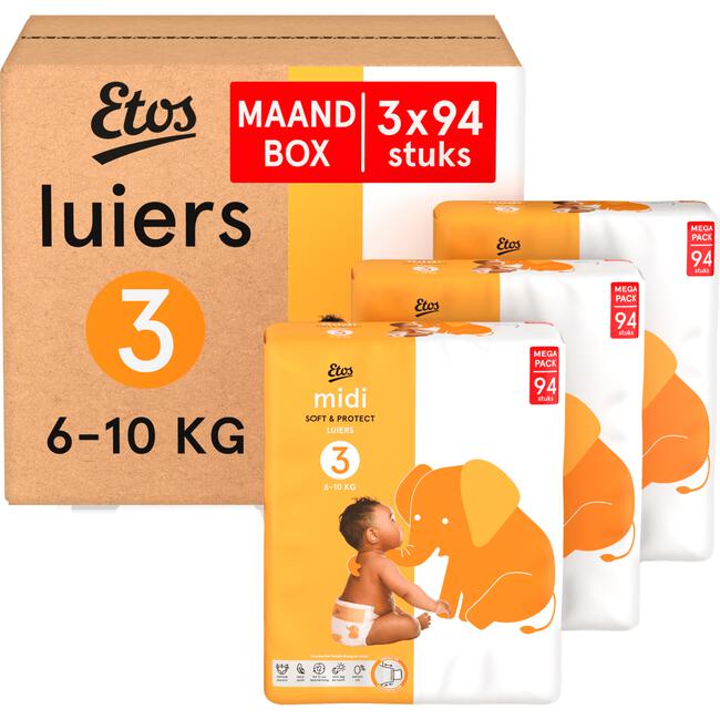 Etos Luiers Midi Maat 3 6-10 kg Maandbox 282 Stuks