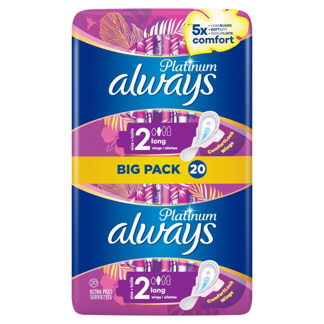 Always Platinum Maandverband Met Vleugels Long 20 Stuks