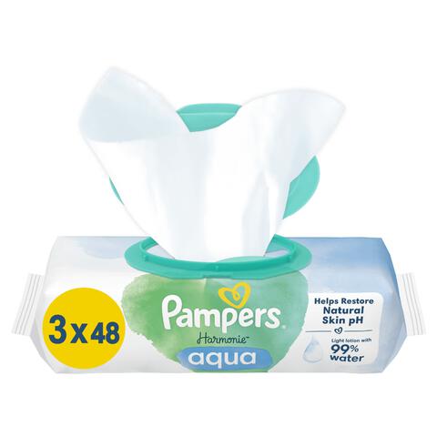 Pampers Harmonie Aqua Billendoekjes 0% Plastic 3x48 Stuks