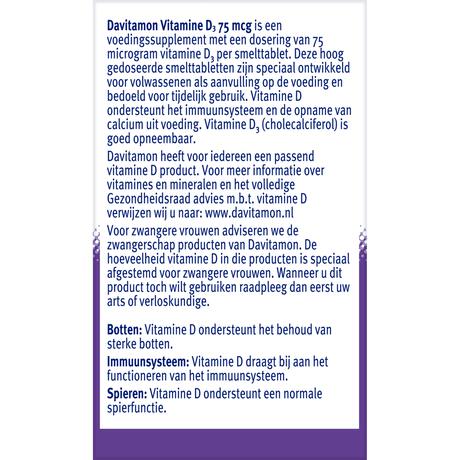 Davitamon Vitamine D3 75 mcg Smelttabletten 60+15 stuks