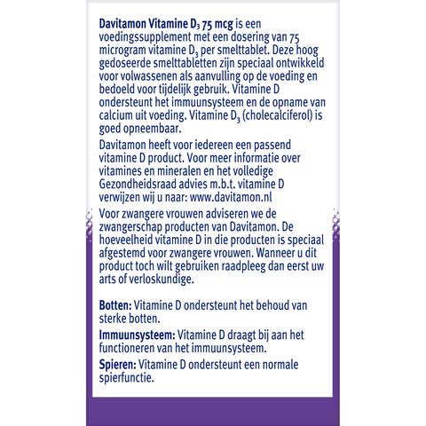 Davitamon Vitamine D3 75 mcg Smelttabletten 60+15 stuks