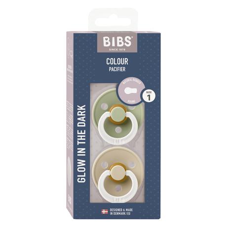 BIBS Glow in the dark Fopspeen Two Pack Natuurlijk Rubber Sage/Vanilla Maat 1