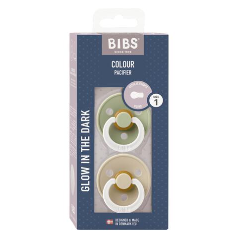 BIBS Glow in the dark Fopspeen Two Pack Natuurlijk Rubber Sage/Vanilla Maat 1