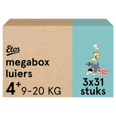 Etos Woezel & Pip Luiers Maxi+ Maat 4+ 9-20 kg Megabox 93 stuks