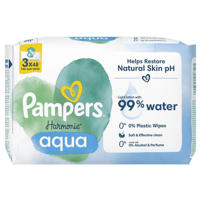 Pampers Harmonie Aqua Babydoekjes 0% Plastic 3x48 Stuks