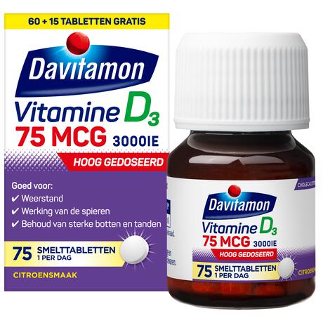 Davitamon Vitamine D3 75 MCG Smelttabletten 60+15 stuks