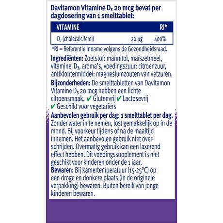 Davitamon Vitamine D3 20 MCG Smelttabletten 60+15 stuks