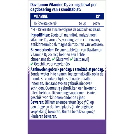 Davitamon Vitamine D3 20 MCG Smelttabletten 60+15 stuks