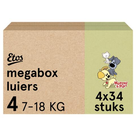 Etos Woezel & Pip Luiers Maxi Maat 4 7-18 kg Megabox 4x34 stuks