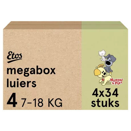 Etos Woezel & Pip Luiers Maxi Maat 4 7-18 kg Megabox 136 stuks