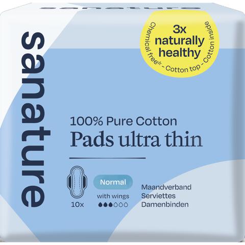 Sanature 100% Katoenen Maandverband Ultra Normaal Met Vleugels 10 stuks