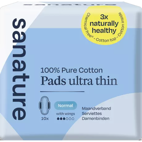 Sanature 100% Katoenen Maandverband Ultra Normaal Met Vleugels 10 stuks