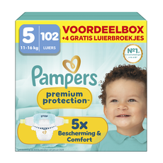 Pampers Premium Protection Voordeelbox Luiers Maat 5 11-16 kg 102 stuks + 4 Gratis Luierbroekjes
